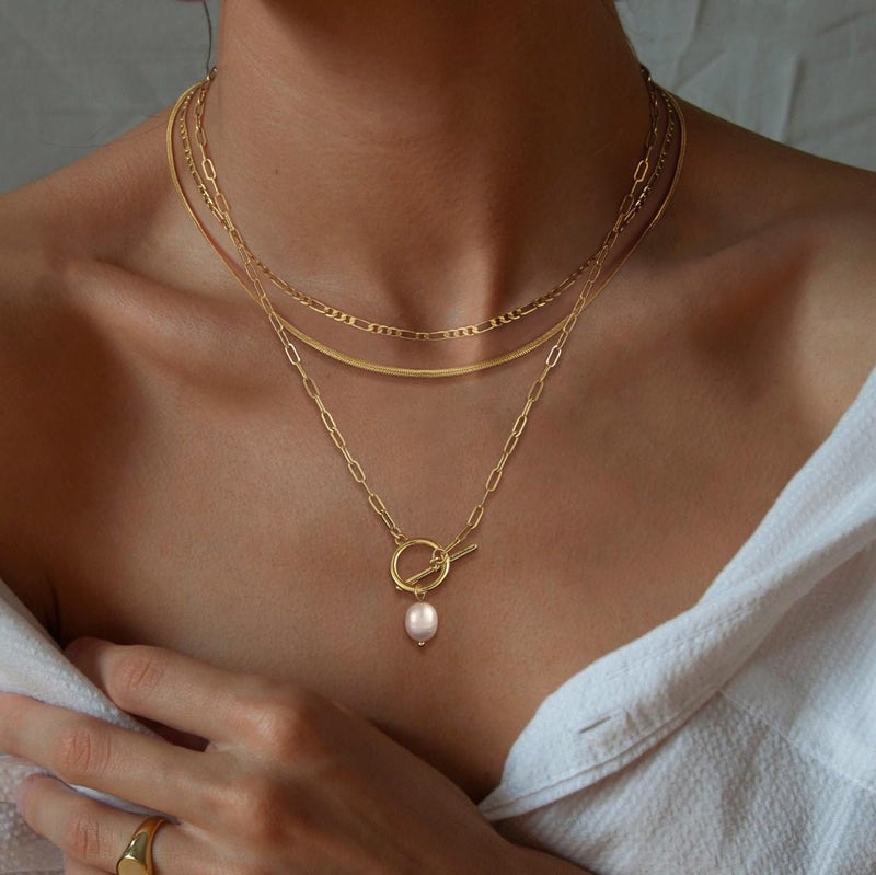 MFRYK Gold/Silver Necklaces Stack For Women,14K Gold/Sterling Silver Plated Simple Layered Choker Necklaces For Women,Stackable Multilayer Pearl Cross Disc Circle Pendant Cuban Herringbone Snake Paperclip Chain Necklaces Set Jewelry Gift for Women - Image 2